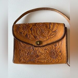 Vintage Hand-Tooled Floral Leather Western Style Crossbody Bag